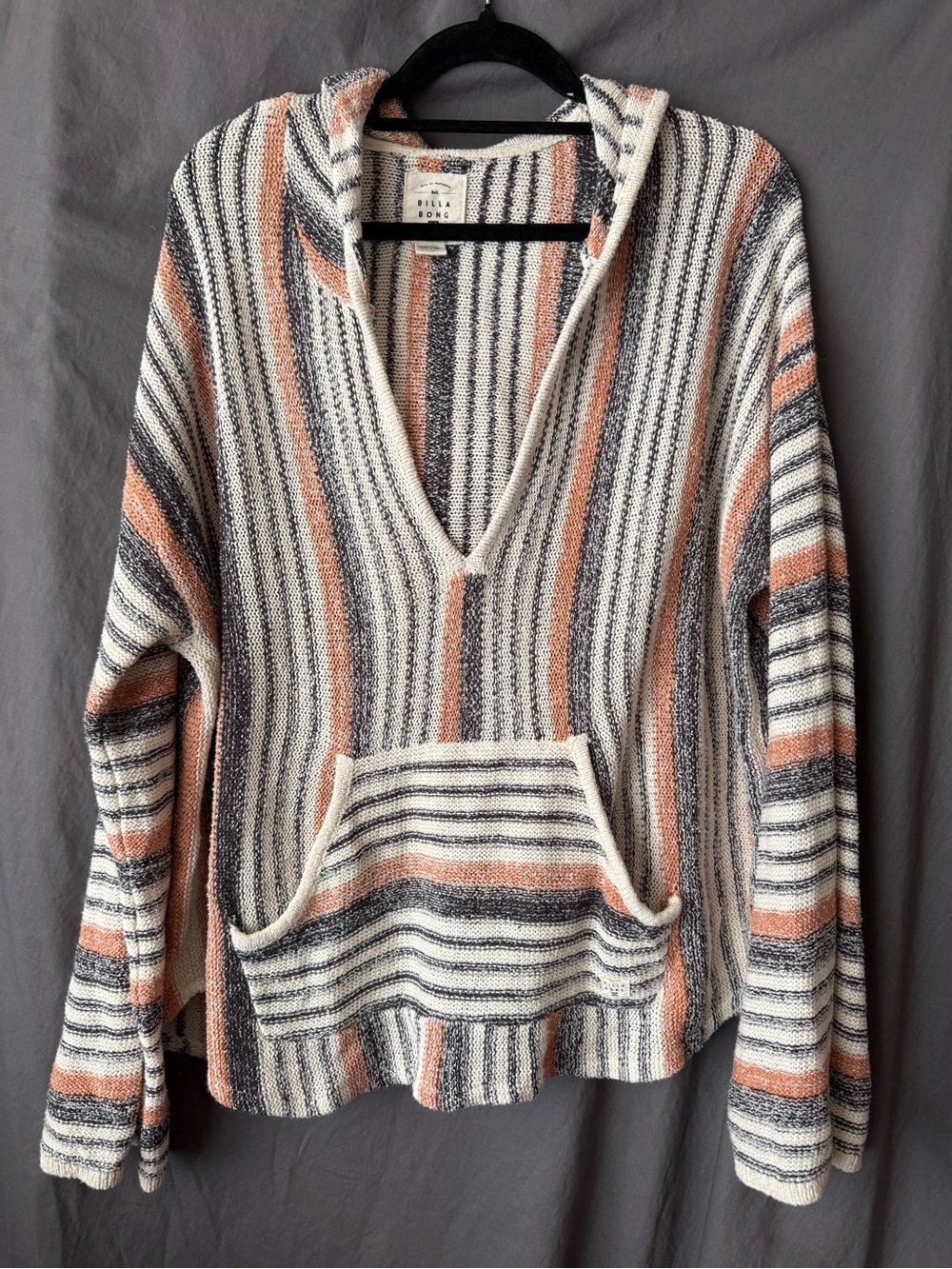 Billabong V-Neck Striped Hooded Sweater in Cream, Gray & Peach
